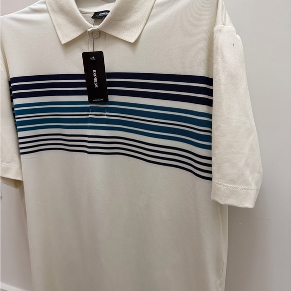 Express Men’s Striped Polo Shirt Cream Blue Short Sleeve NWT Size small - Picture 11 of 12